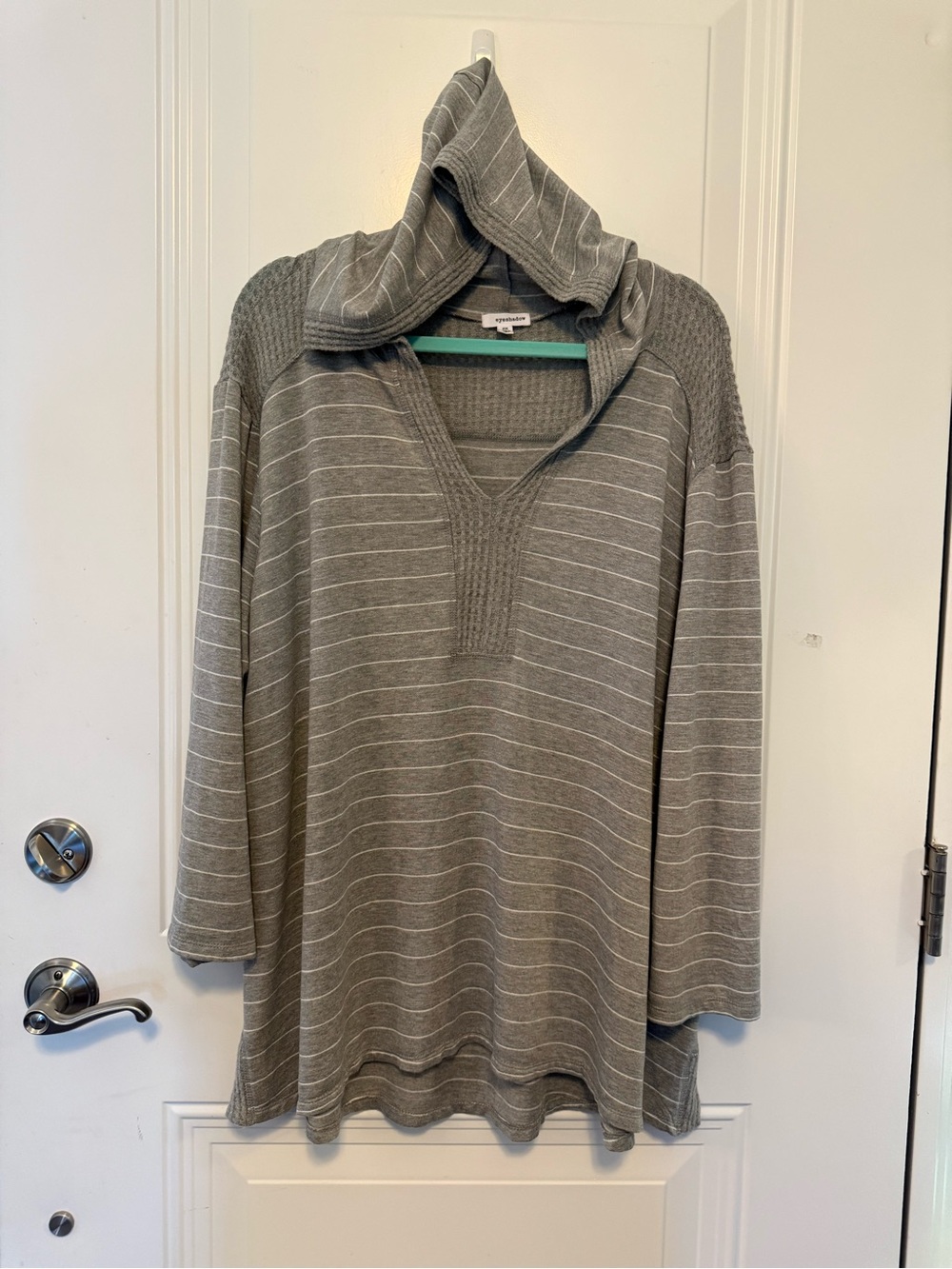 Eyeshadow Gray Striped Hooded V-Neck Sweater